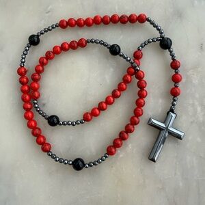 Red and Black Beaded Rosary Necklace